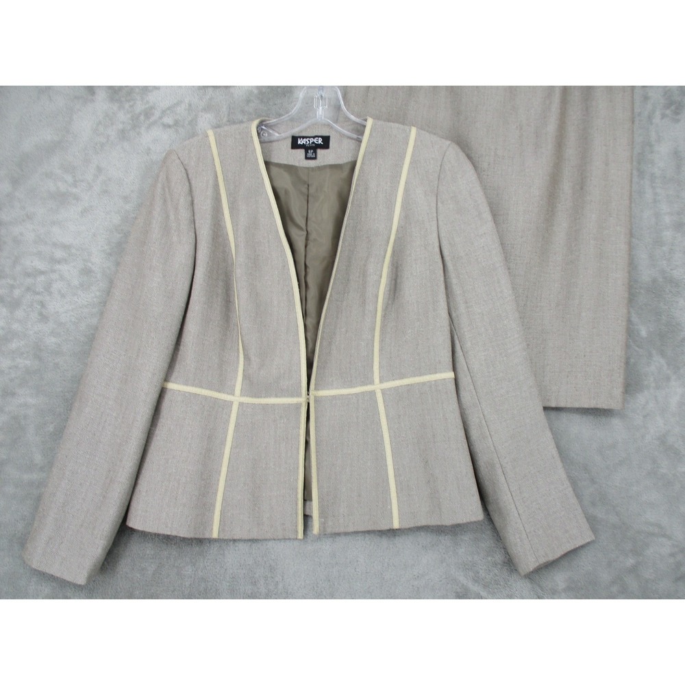 Kasper Skirt Suit Womens 4 Petite Blazer Linen Blend Office Corporate City Tan
